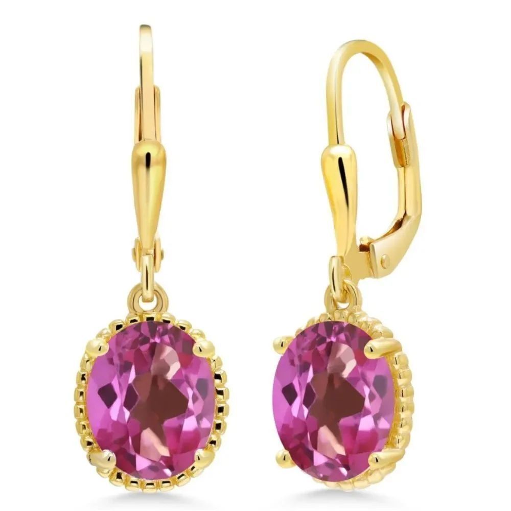 18K Yellow Gold 925 with 3.60 Cttw Pink Mystic Topaz Oval Leverback Earrings